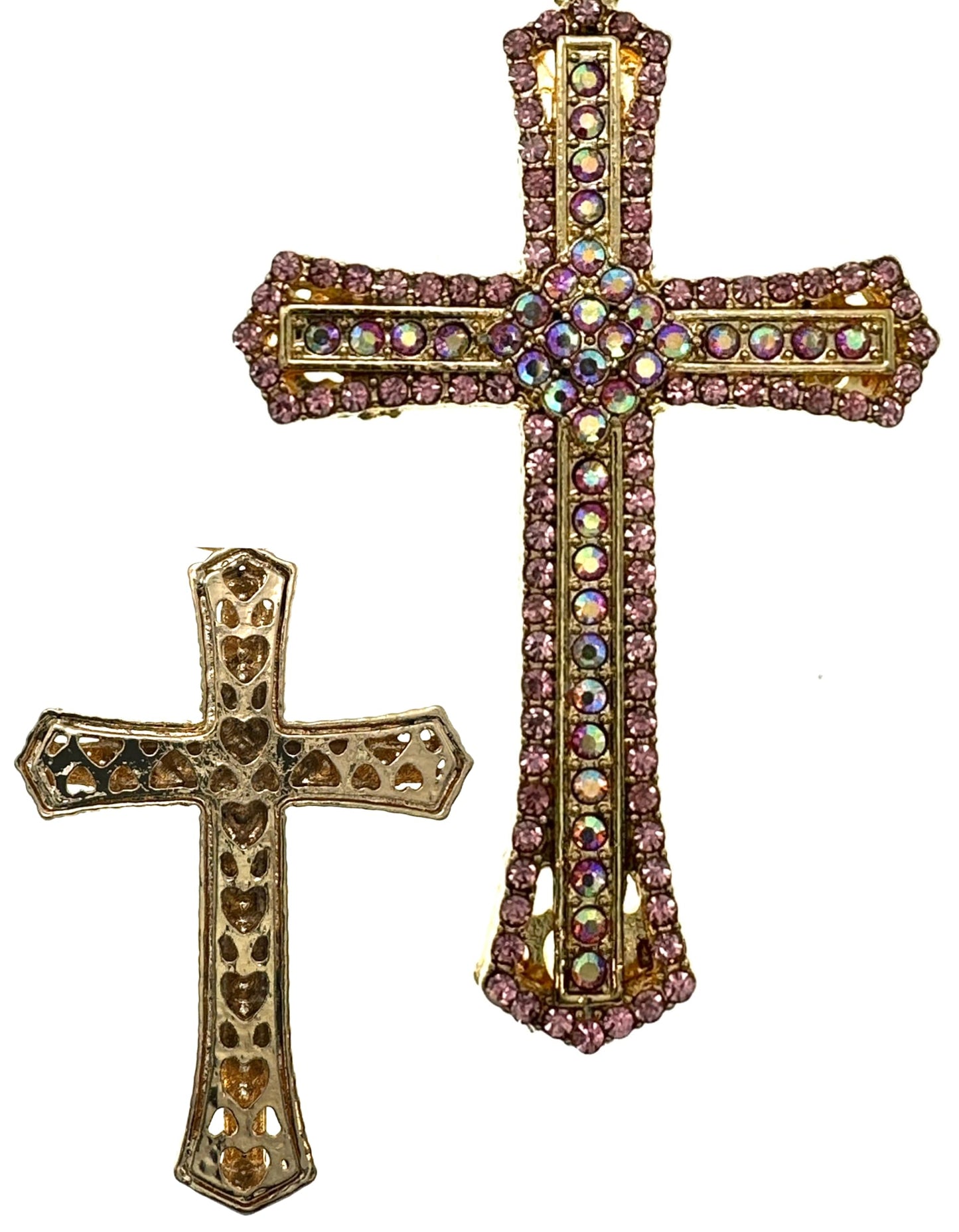 Evenchae Inlaid Cross Keychain - Rhinestones, Gold Filigree Back, Drawstring Gift Bag, 5.6 Inches Long