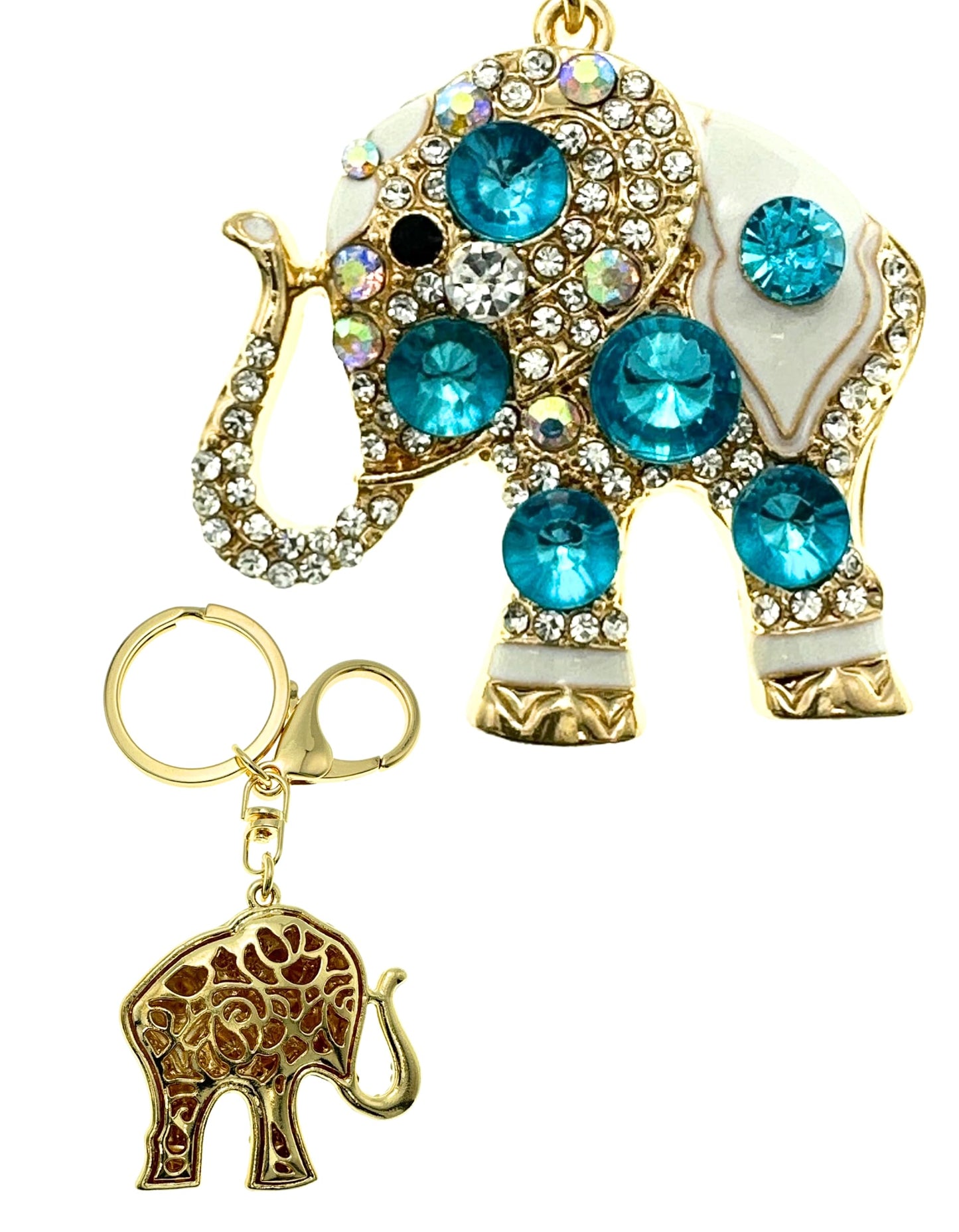 Evenchae Elephant Keychain - Inlaid with Rhinestones - Drawstring Gift Bag - Gold Filigree Back - 4.4 in Long