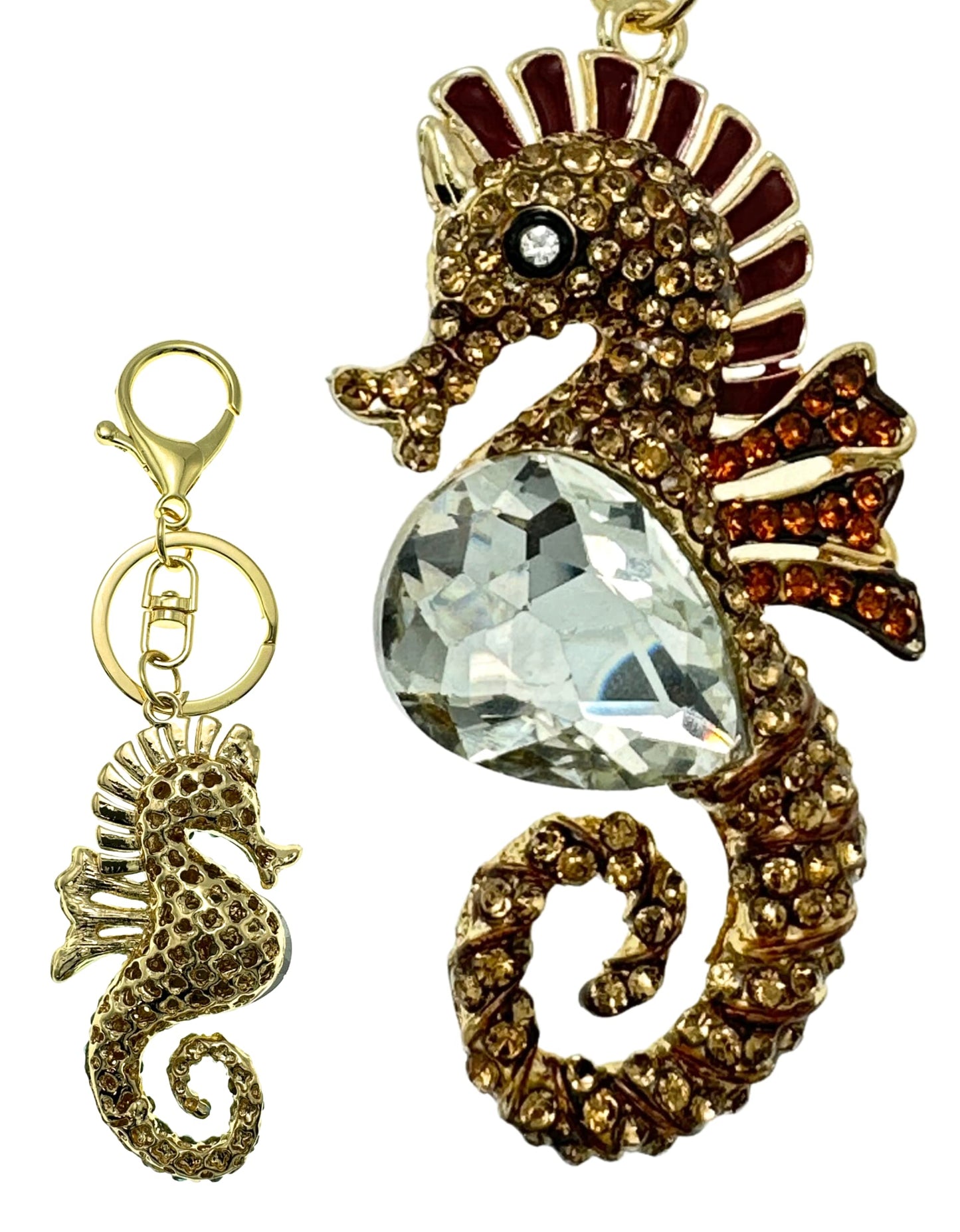 Evenchae Coastal Seahorse Keychain - Rhinestones, Filigreed Gold Back, Drawstring Gift Bag - 5 In Long Purse Jewelry