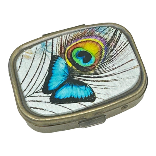 Value Arts Pill Box - Butterfly and Peacock Feather - 2.25" Wide