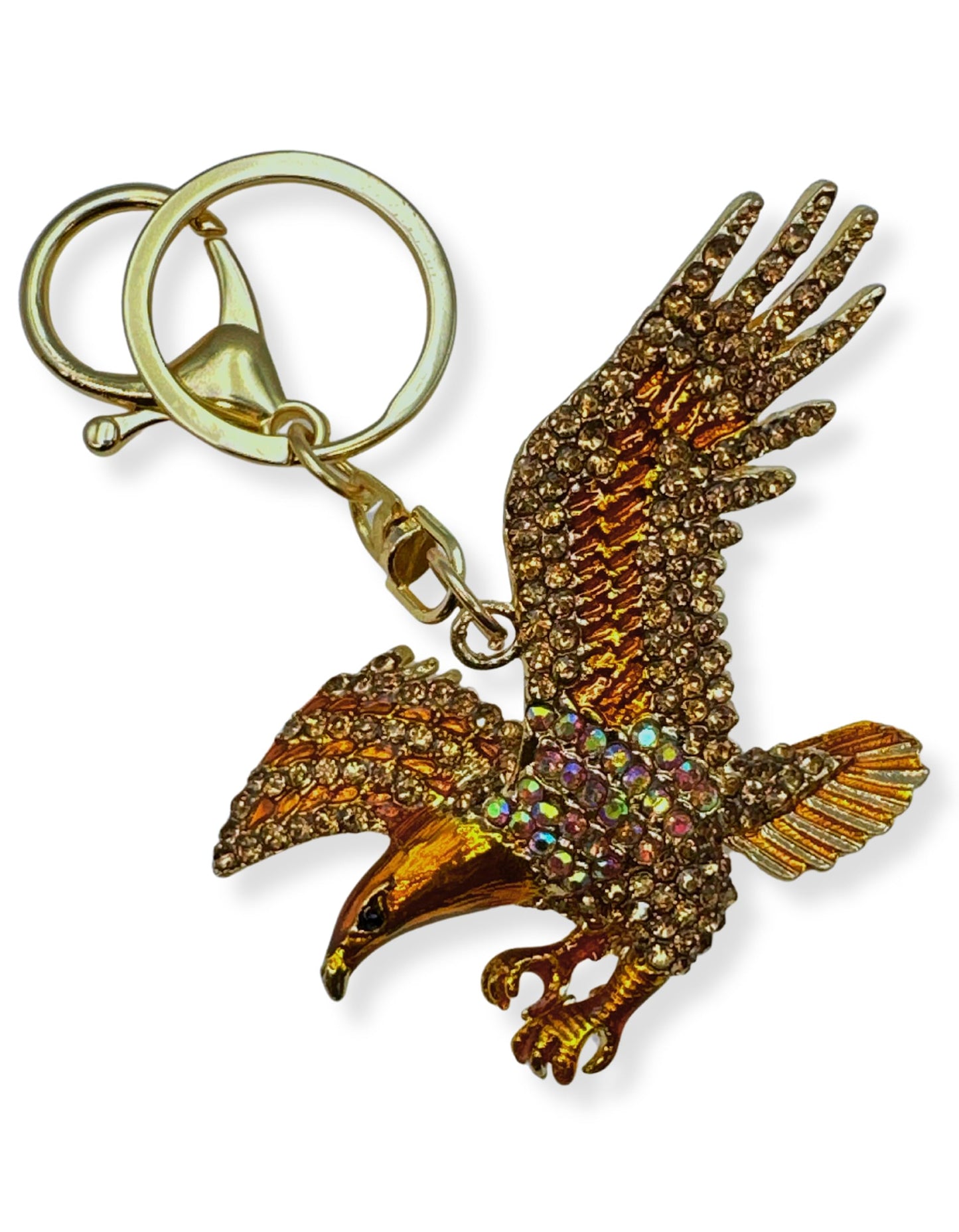 Evenchae American Eagle Keychain - Inlaid with Rhinestones - Gold Filigree Back - Drawstring Gift Bag - 4.25 in Long