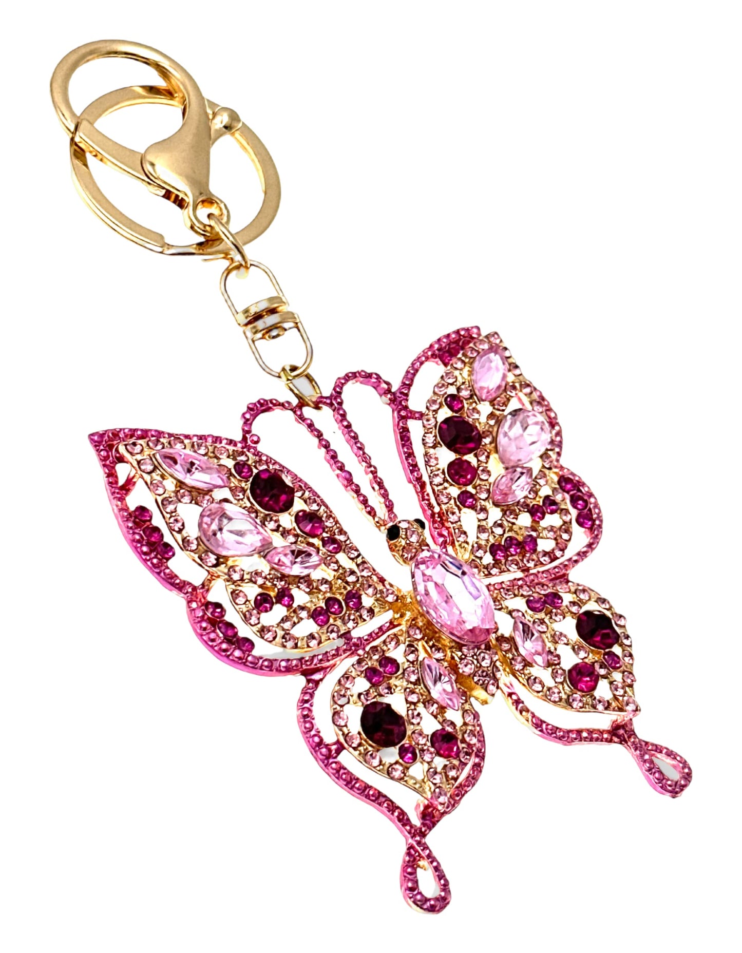 Evenchae Intricate Butterfly Keychain - Rhinestones, Gold Filigree Back, Drawstring Gift Bag - 5 in Long Purse Jewelry