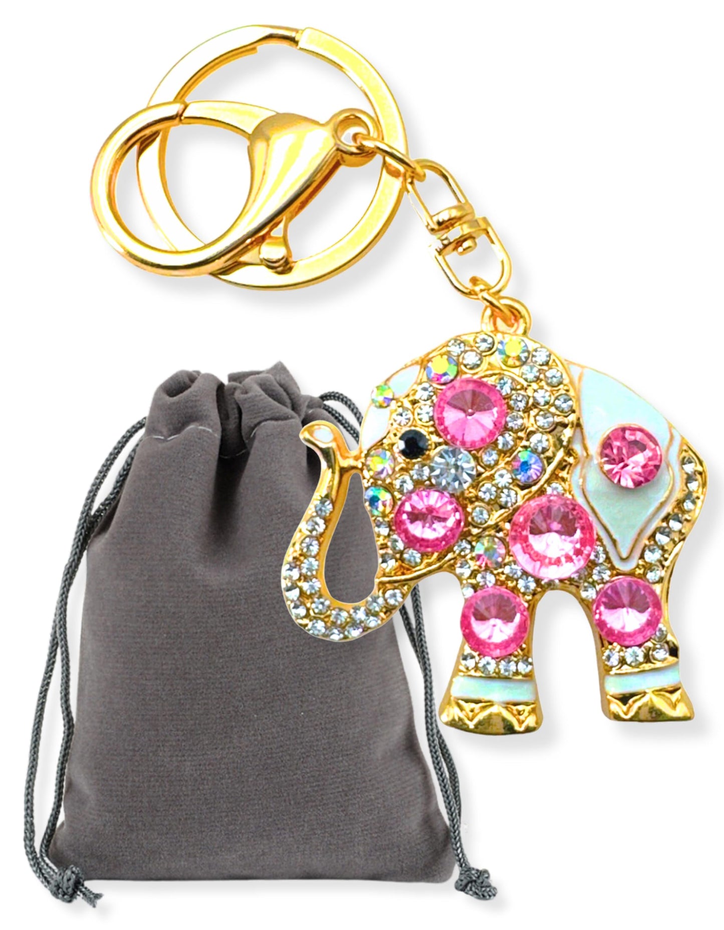 Evenchae Elephant Keychain - Inlaid with Rhinestones - Drawstring Gift Bag - Gold Filigree Back - 4.4 in Long