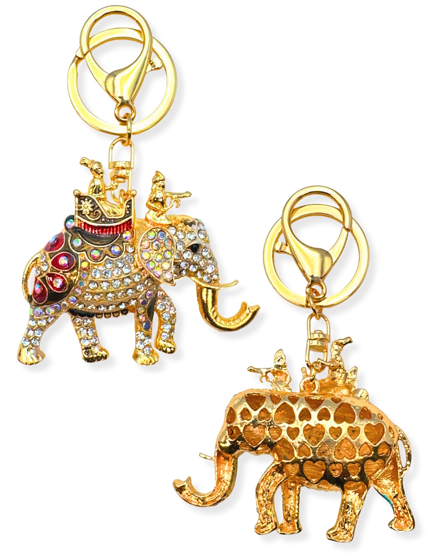 Evenchae Elephant Keychain - Inlaid with Rhinestones - Gold Filigree Back - Drawstring Gift Bag - 4.25 in Long