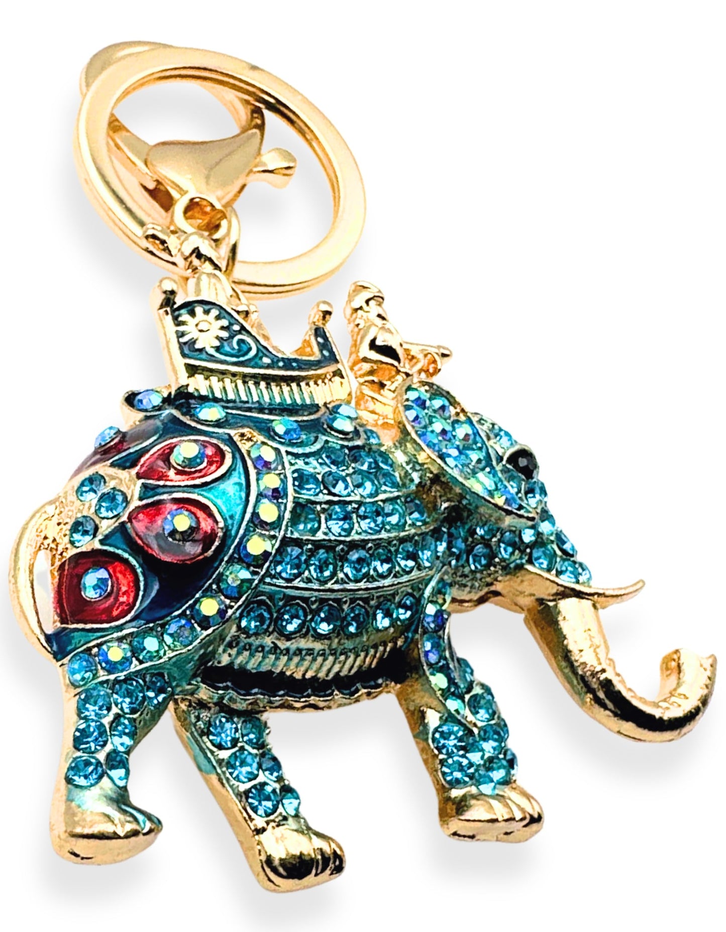 Evenchae Elephant Keychain - Inlaid with Rhinestones - Gold Filigree Back - Drawstring Gift Bag - 4.25 in Long