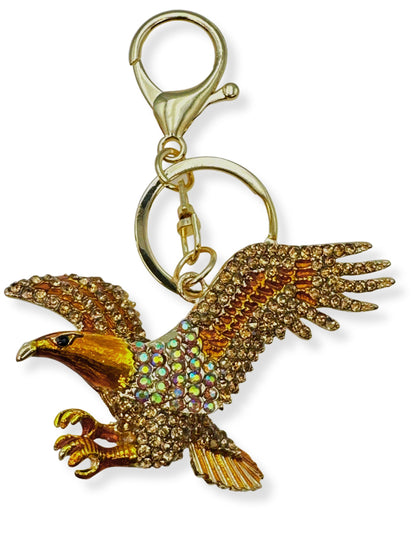 Evenchae American Eagle Keychain - Inlaid with Rhinestones - Gold Filigree Back - Drawstring Gift Bag - 4.25 in Long