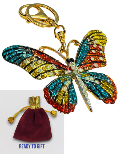 Evenchae Neon Butterfly Keychain - Inlaid with Rhinestones, Drawstring Gift Bag, Gold Solid Back - 3.5 in Long