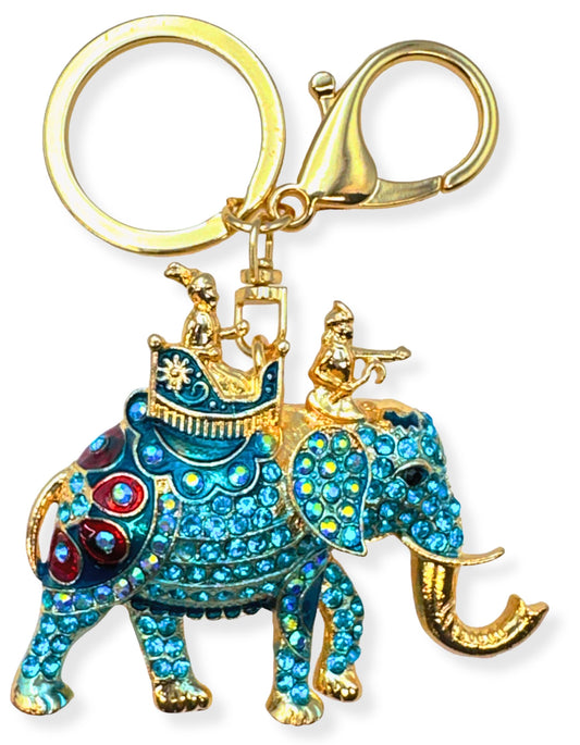 Evenchae Elephant Keychain - Inlaid with Rhinestones - Gold Filigree Back - Drawstring Gift Bag - 4.25 in Long