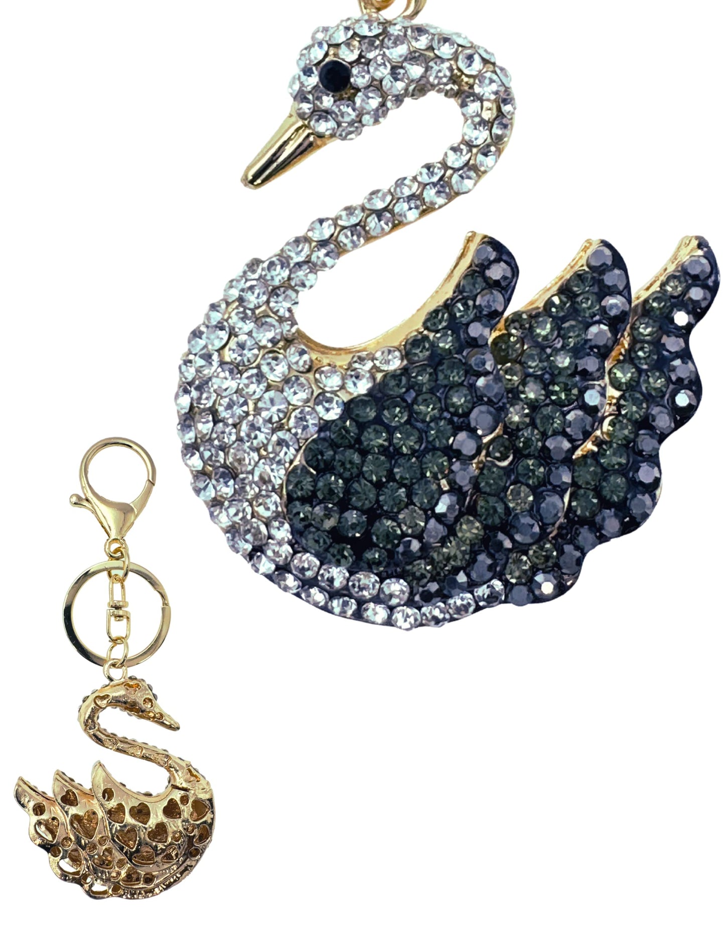 Evenchae Elegant Swan Keychain - Rhinestones, Filigreed Gold Back, Drawstring Gift Bag - 5 In Long Purse Jewelry