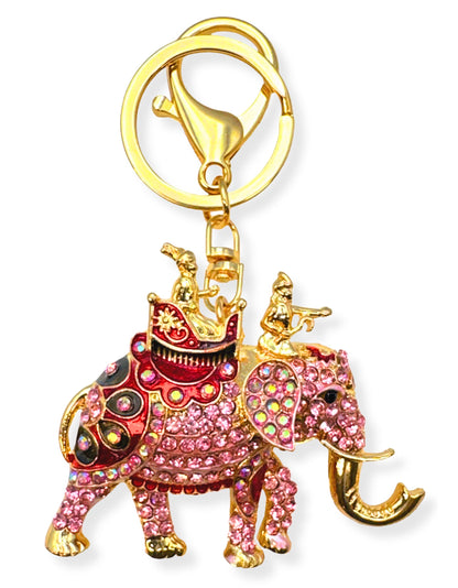 Evenchae Elephant Keychain - Inlaid with Rhinestones - Gold Filigree Back - Drawstring Gift Bag - 4.25 in Long