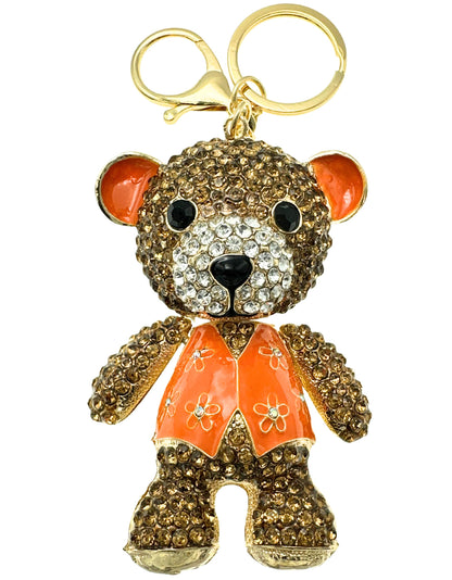 Evenchae Teddy Bear Keychain - Rhinestones - Head, Body & Arms Moves, Gold Filigree Back, Gift Bag, 6 In Long