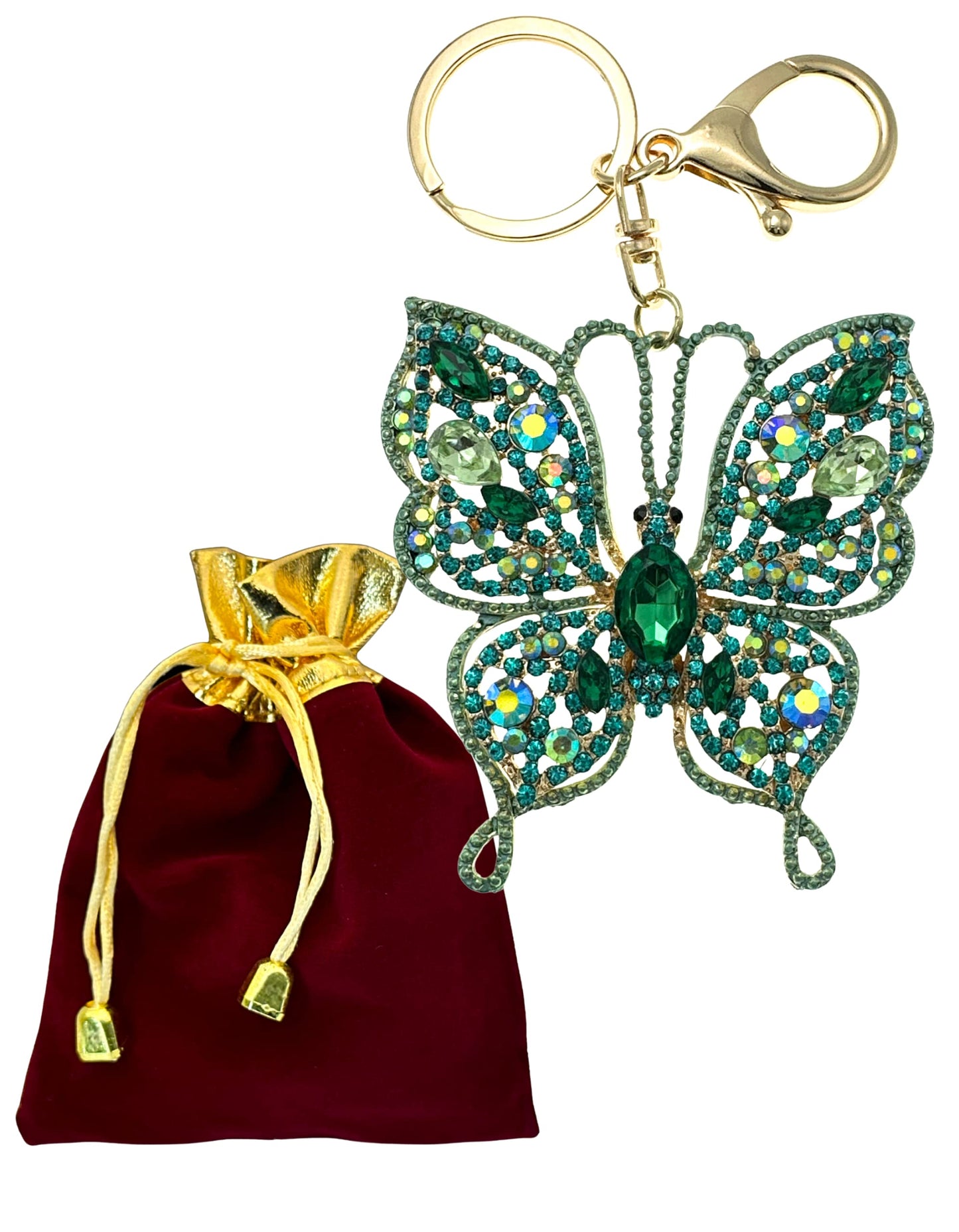 Evenchae Intricate Butterfly Keychain - Rhinestones, Gold Filigree Back, Drawstring Gift Bag - 5 in Long Purse Jewelry