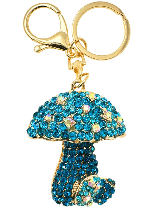 Evenchae Bohemian Mushroom Keychain, Rhinestones, Drawstring Gift Bag, Gold Filigree Back - 5 In Long, Mushroomcore