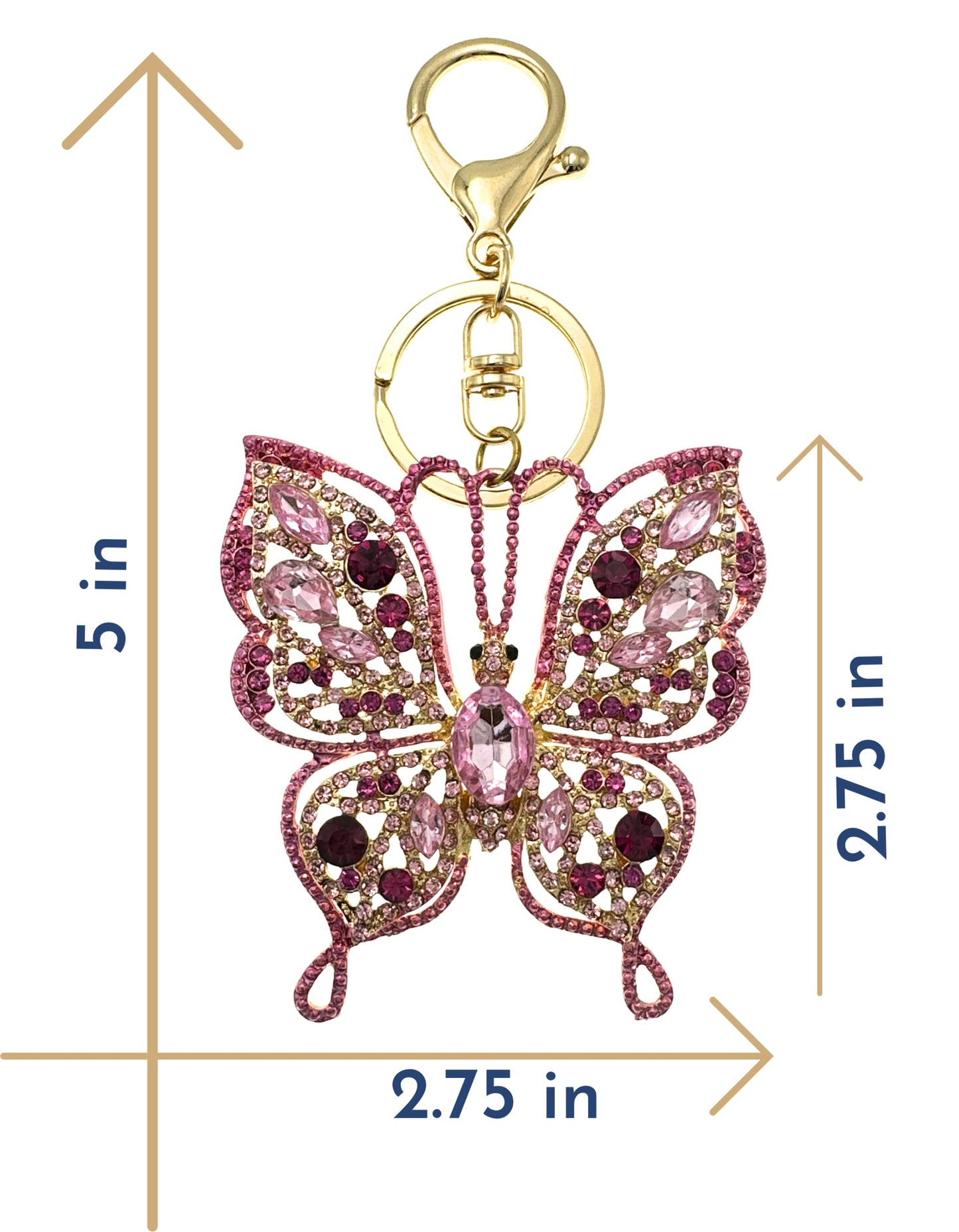 Evenchae Intricate Butterfly Keychain - Rhinestones, Gold Filigree Back, Drawstring Gift Bag - 5 in Long Purse Jewelry