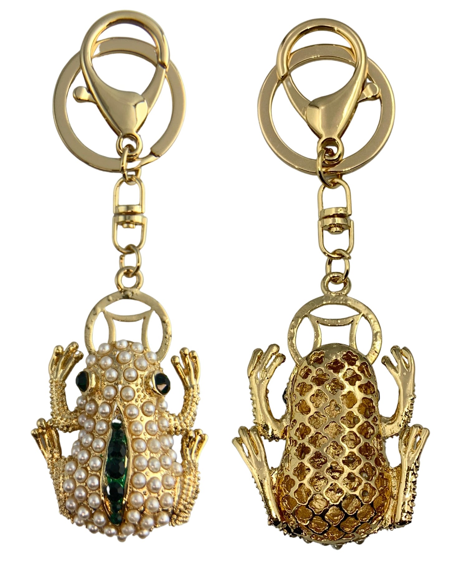 Evenchae Frog Keychain - Imitation Pearls & Rhinestones - Gold-Tone Filigree Back - Drawstring Gift Bag - 4.75 in Long