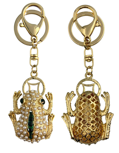 Evenchae Frog Keychain - Imitation Pearls & Rhinestones - Gold-Tone Filigree Back - Drawstring Gift Bag - 4.75 in Long