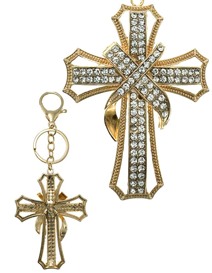 Evenchae Ornate Cross Keychain - Inlaid with Clear Rhinestones, Drawstring Gift Bag - 5.5 In Long