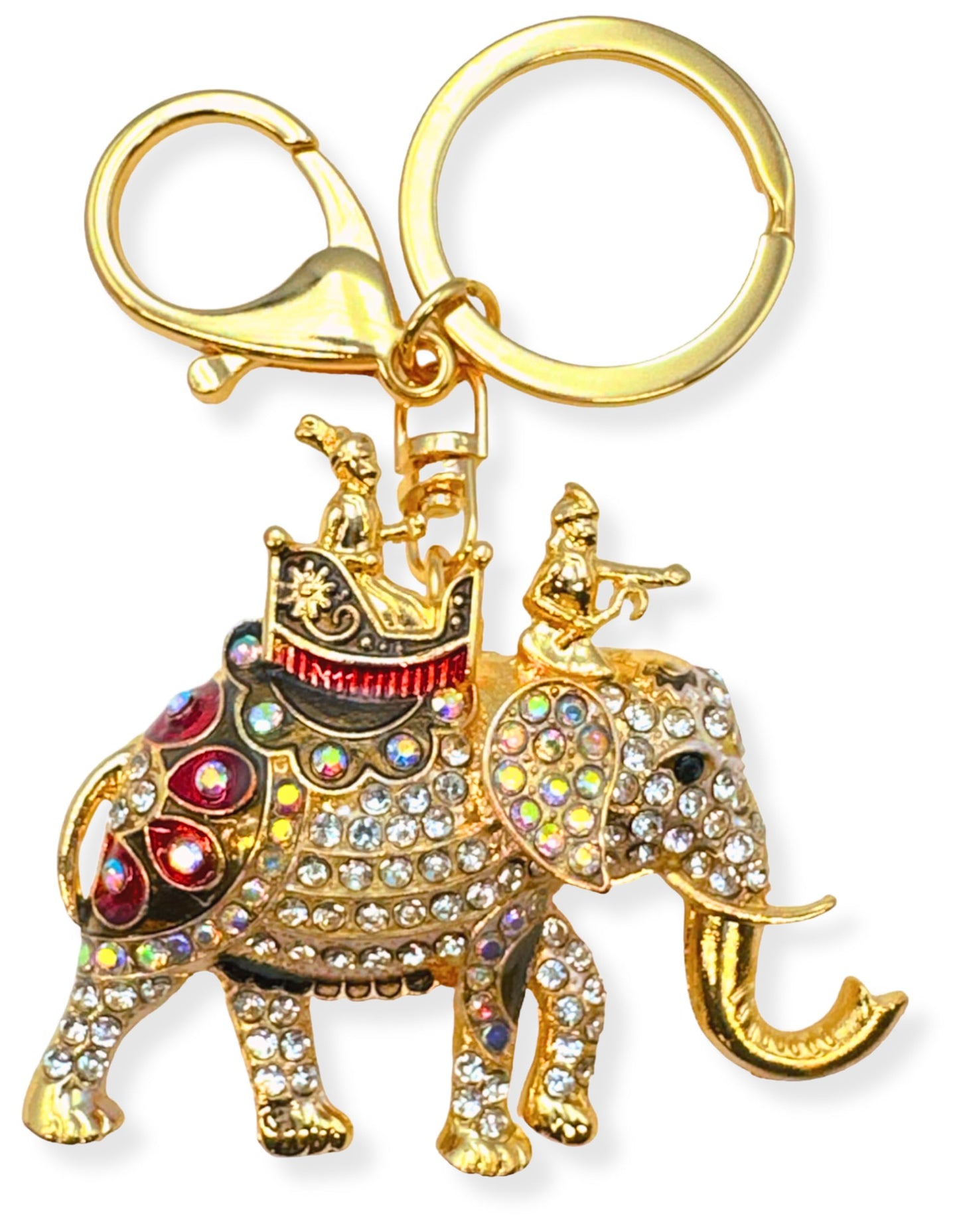 Evenchae Elephant Keychain - Inlaid with Rhinestones - Gold Filigree Back - Drawstring Gift Bag - 4.25 in Long