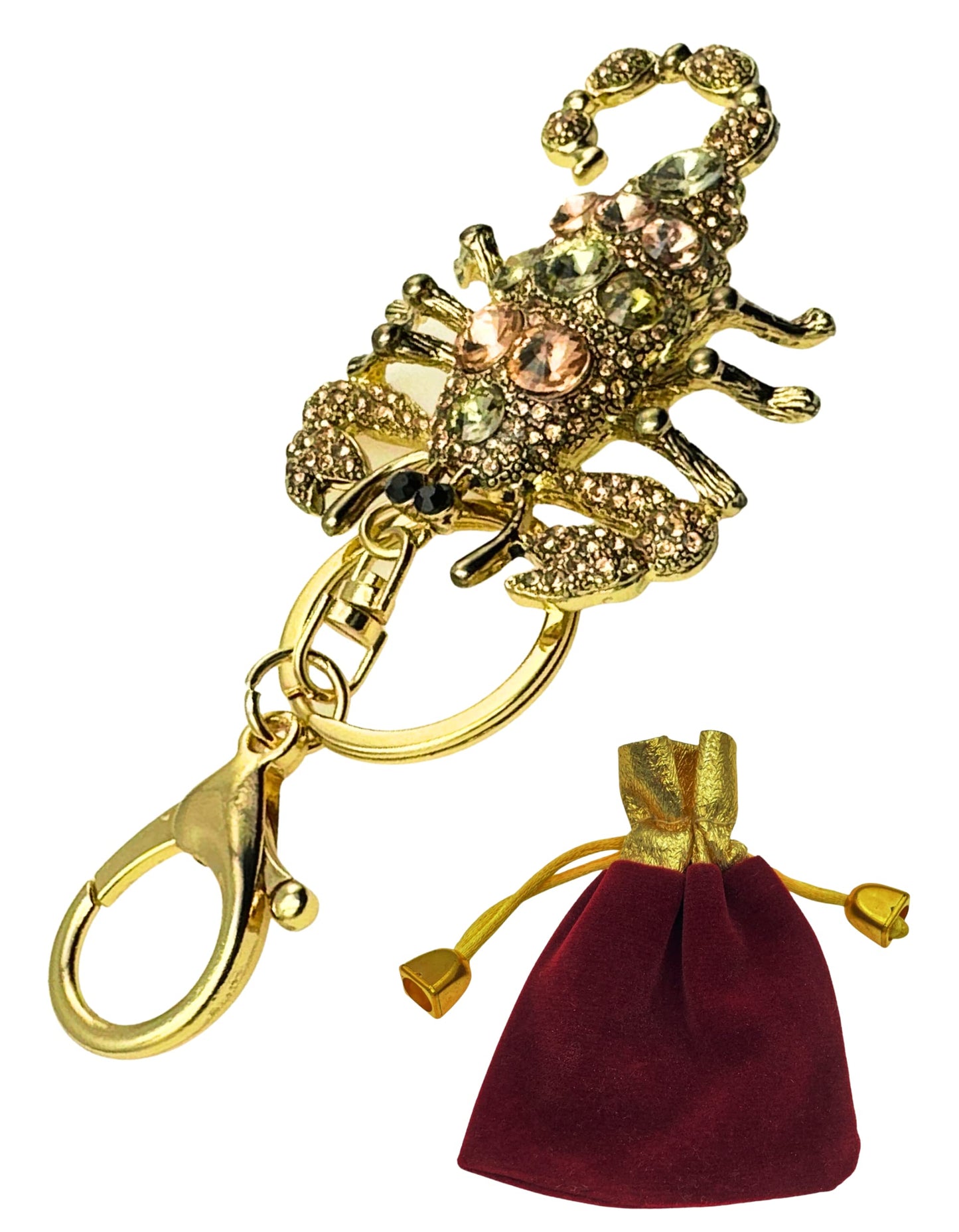 Evenchae Inlaid Cross Keychain - Rhinestones, Gold Filigree Back, Drawstring Gift Bag, 5.6 Inches Long