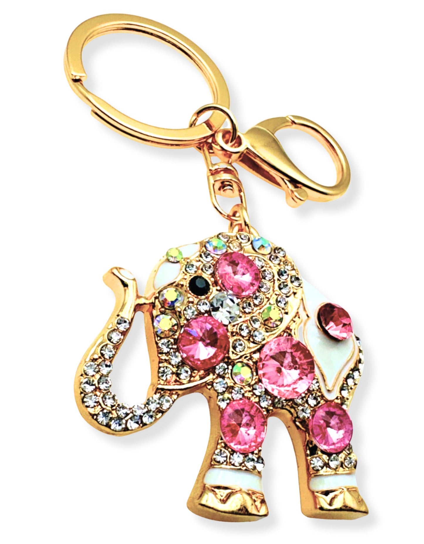 Evenchae Elephant Keychain - Inlaid with Rhinestones - Drawstring Gift Bag - Gold Filigree Back - 4.4 in Long