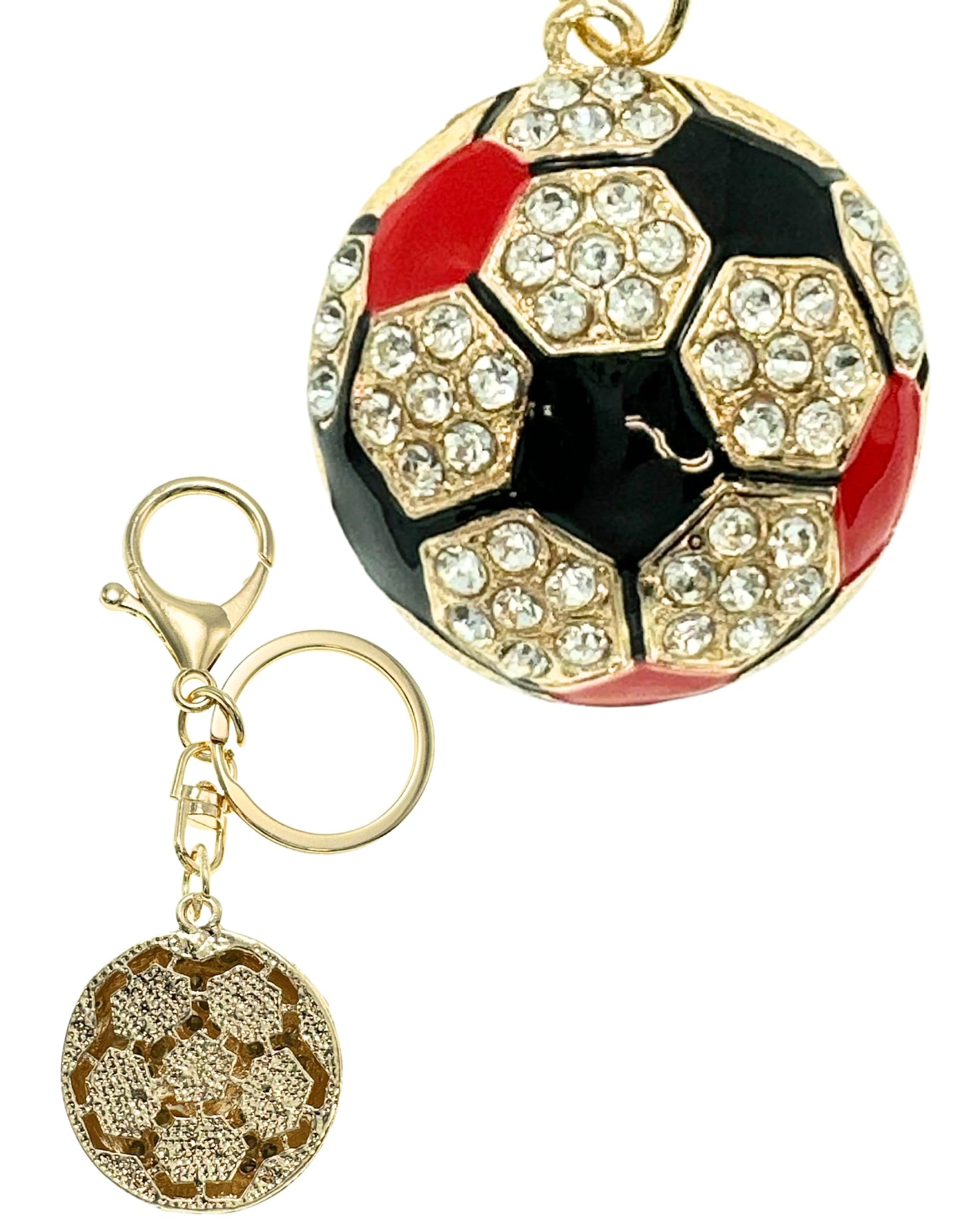 Evenchae Soccer Ball Keychain - Inlaid with Clear Rhinestones, Gold Filigree Back, Drawstring Gift Bag, 4 Inches Long