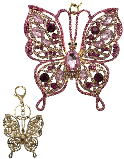 Evenchae Intricate Butterfly Keychain - Rhinestones, Gold Filigree Back, Drawstring Gift Bag - 5 in Long Purse Jewelry