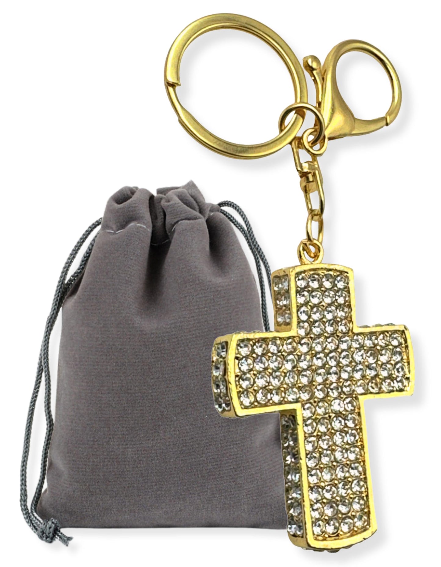 Evenchae Gold Cross Keychain - Inlaid with Clear Rhinestones - Gold Filigree Back - Drawstring Gift Bag - 4.75 in Long