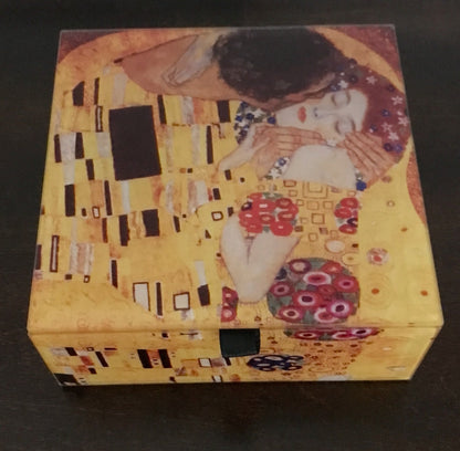 Value Arts Klimt The Kiss Glass Keepsake Box, Beveled Edges, Velvet Lined, 4.7 Inches Square