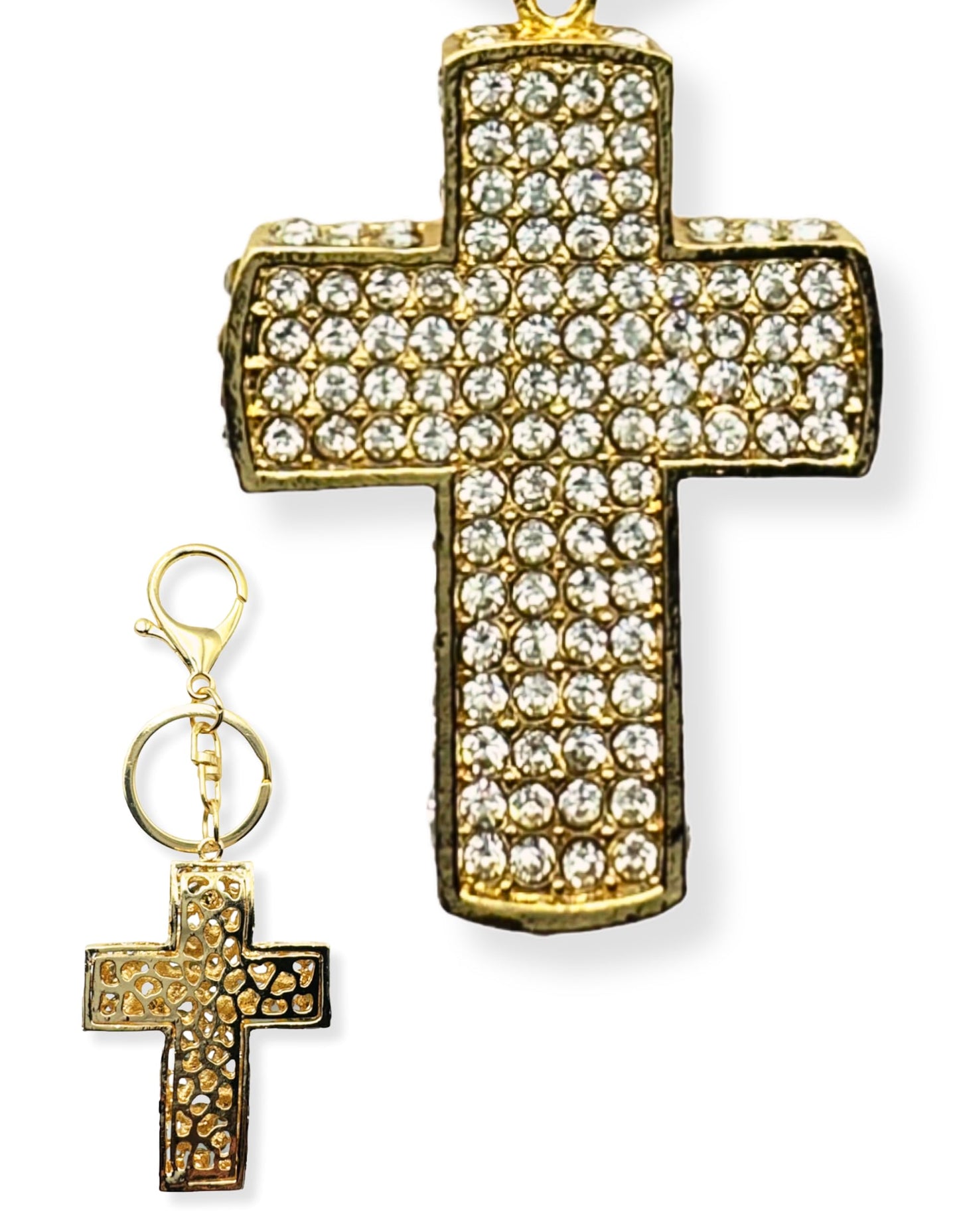 Evenchae Gold Cross Keychain - Inlaid with Clear Rhinestones - Gold Filigree Back - Drawstring Gift Bag - 4.75 in Long