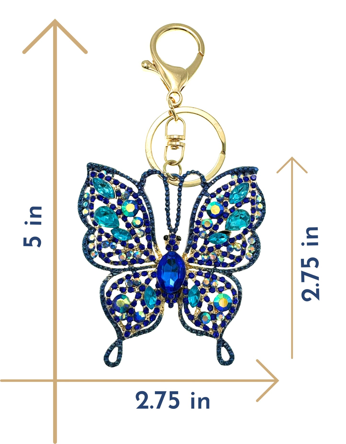 Evenchae Intricate Butterfly Keychain - Rhinestones, Gold Filigree Back, Drawstring Gift Bag - 5 in Long Purse Jewelry