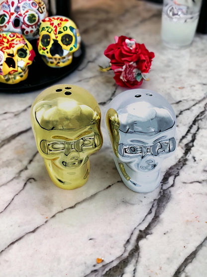 Evenchae Skull Salt & Pepper Shaker Set - Mirrored Silver & Gold - 2.25 in Tall