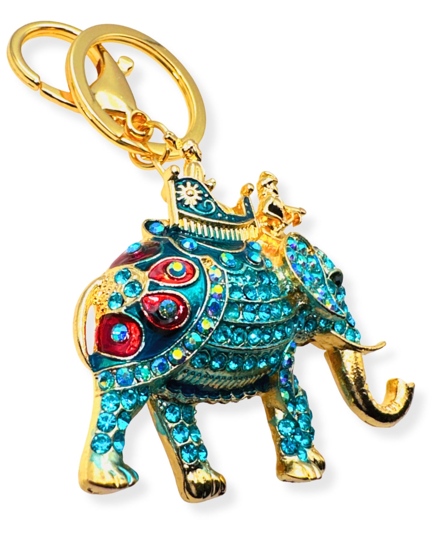 Evenchae Elephant Keychain - Inlaid with Rhinestones - Gold Filigree Back - Drawstring Gift Bag - 4.25 in Long