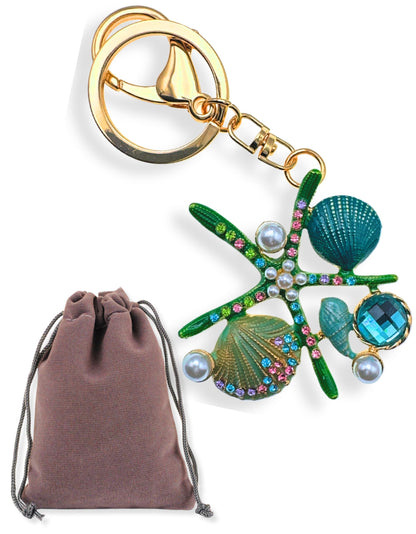 Evenchae Starfish Keychain - Imitation Pearls & Rhinestones - Drawstring Gift Bag - 4.5 in Long - Green Womens