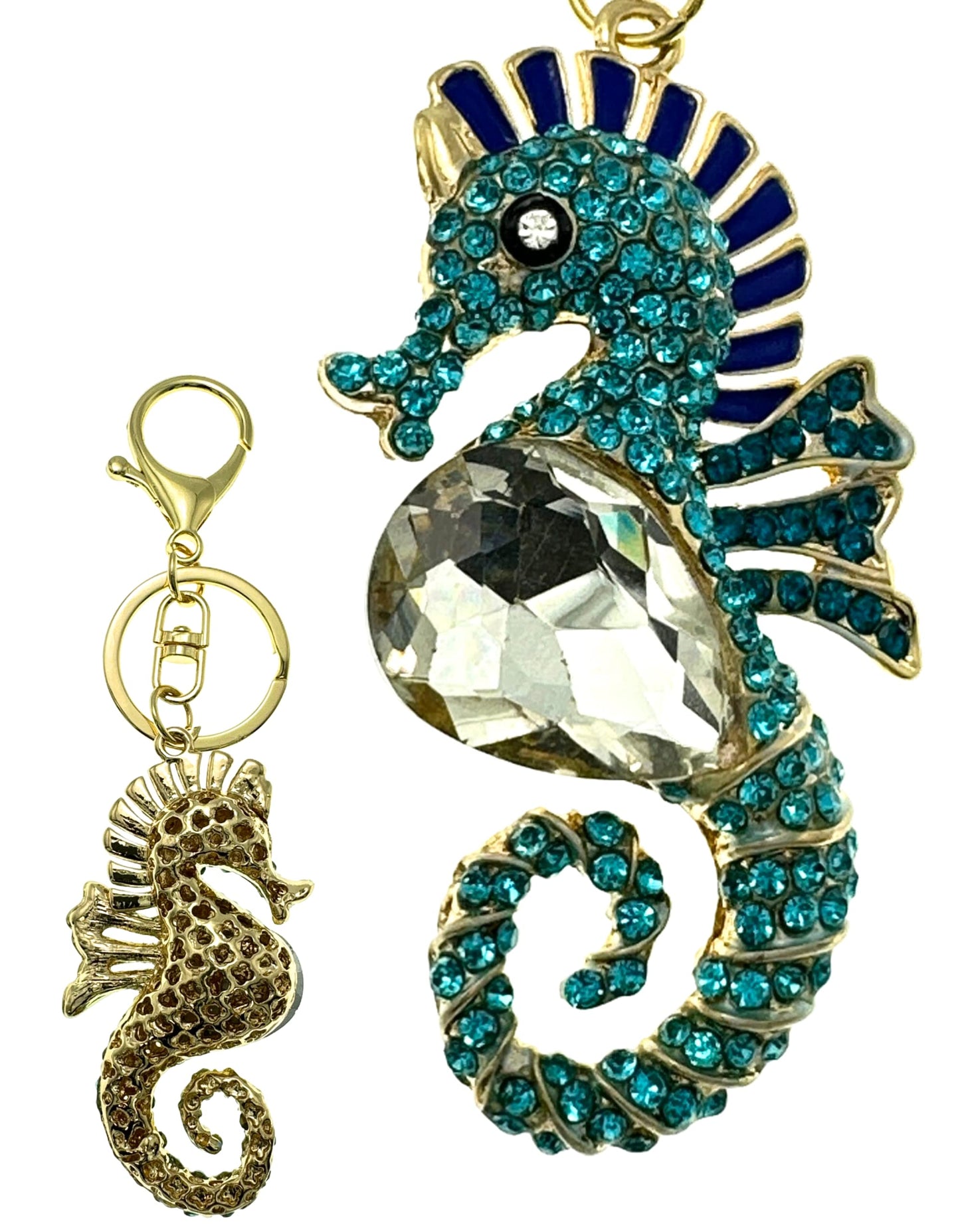 Evenchae Coastal Seahorse Keychain - Rhinestones, Filigreed Gold Back, Drawstring Gift Bag - 5 In Long Purse Jewelry