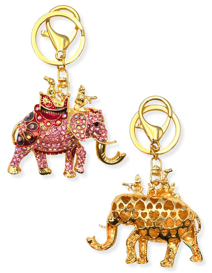 Evenchae Elephant Keychain - Inlaid with Rhinestones - Gold Filigree Back - Drawstring Gift Bag - 4.25 in Long