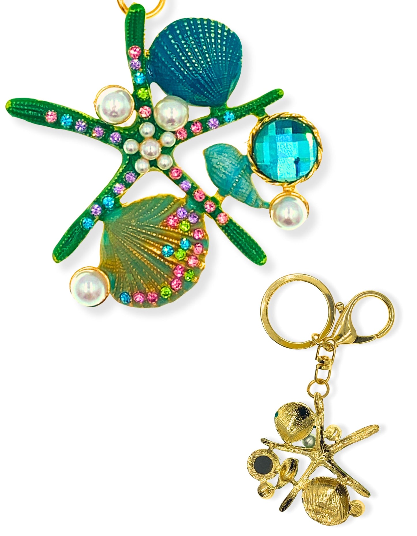 Evenchae Starfish Keychain - Imitation Pearls & Rhinestones - Drawstring Gift Bag - 4.5 in Long - Green Womens