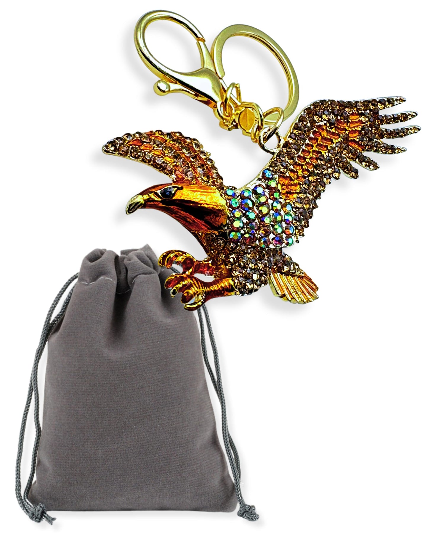 Evenchae American Eagle Keychain - Inlaid with Rhinestones - Gold Filigree Back - Drawstring Gift Bag - 4.25 in Long