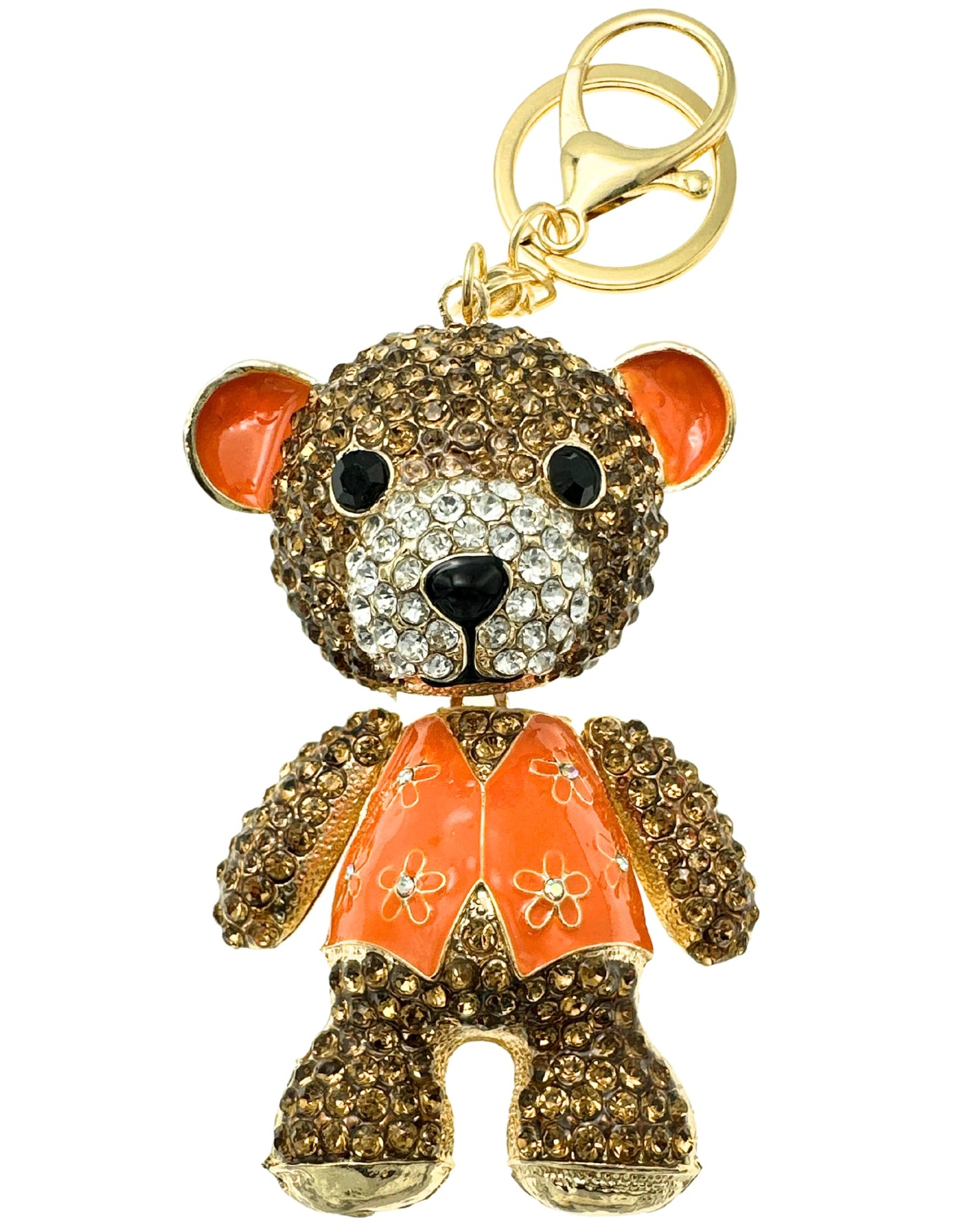 Evenchae Teddy Bear Keychain - Rhinestones - Head, Body & Arms Moves, Gold Filigree Back, Gift Bag, 6 In Long