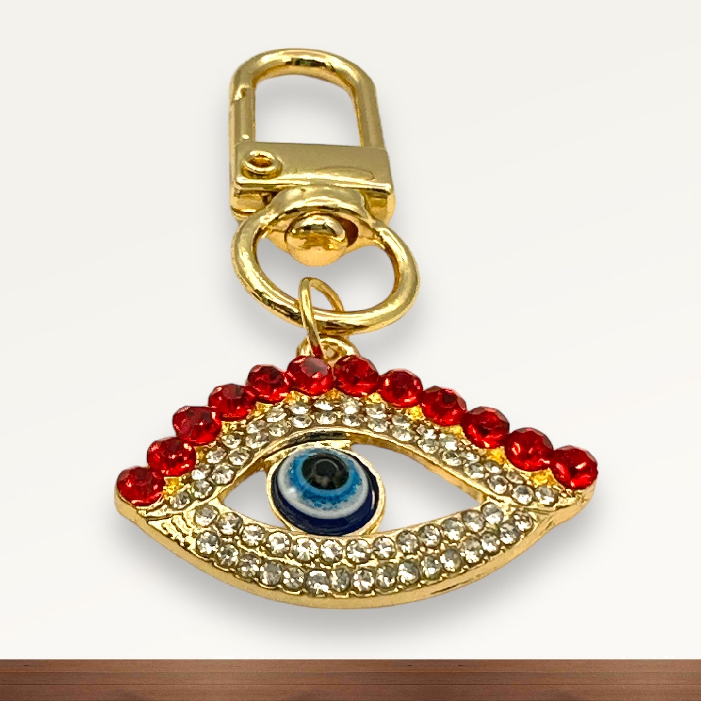 Evenchae Red Eyebrow Evil Eye Mini Keychain, Rhinestones, Gift Bag 2.25 in L