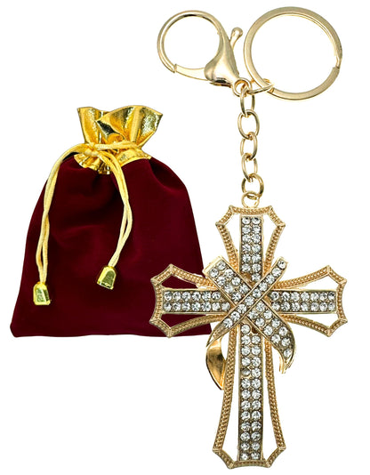 Evenchae Ornate Cross Keychain - Inlaid with Clear Rhinestones, Drawstring Gift Bag - 5.5 In Long