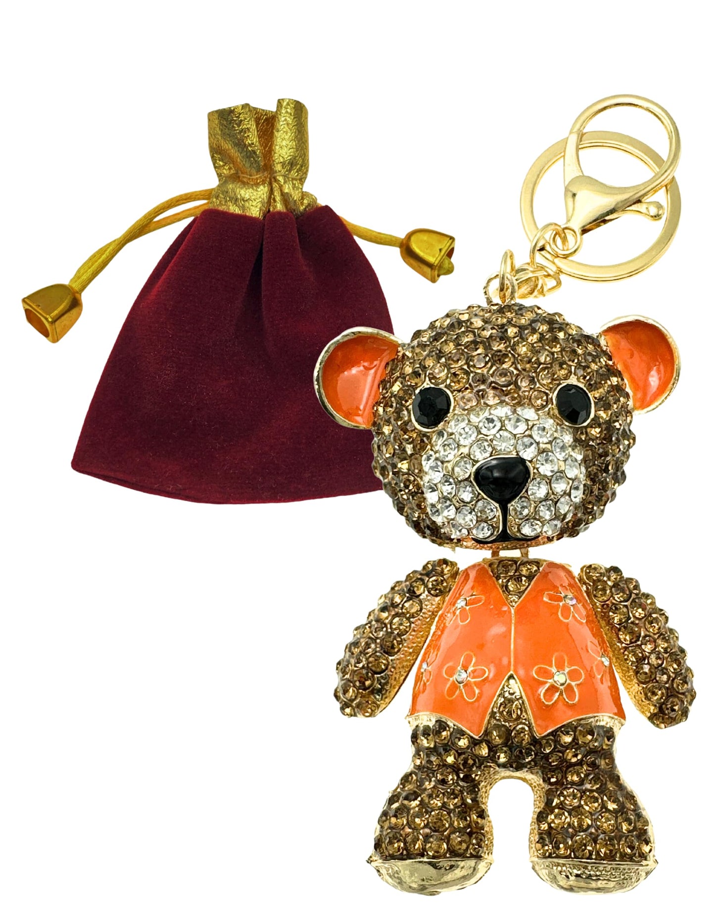 Evenchae Teddy Bear Keychain - Rhinestones - Head, Body & Arms Moves, Gold Filigree Back, Gift Bag, 6 In Long