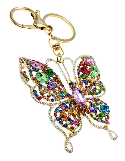 Evenchae Intricate Butterfly Keychain - Rhinestones, Gold Filigree Back, Drawstring Gift Bag - 5 in Long Purse Jewelry