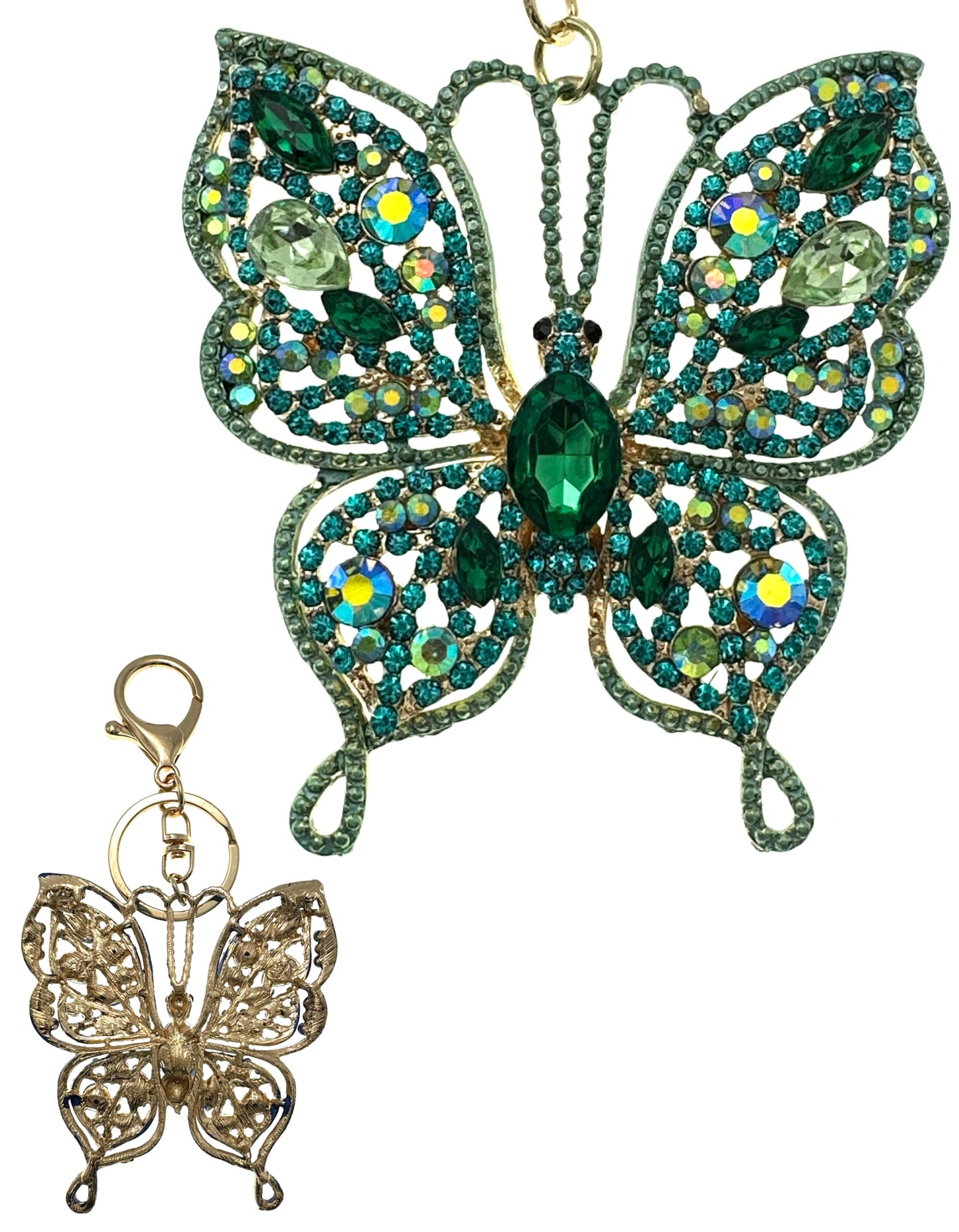 Evenchae Intricate Butterfly Keychain - Rhinestones, Gold Filigree Back, Drawstring Gift Bag - 5 in Long Purse Jewelry