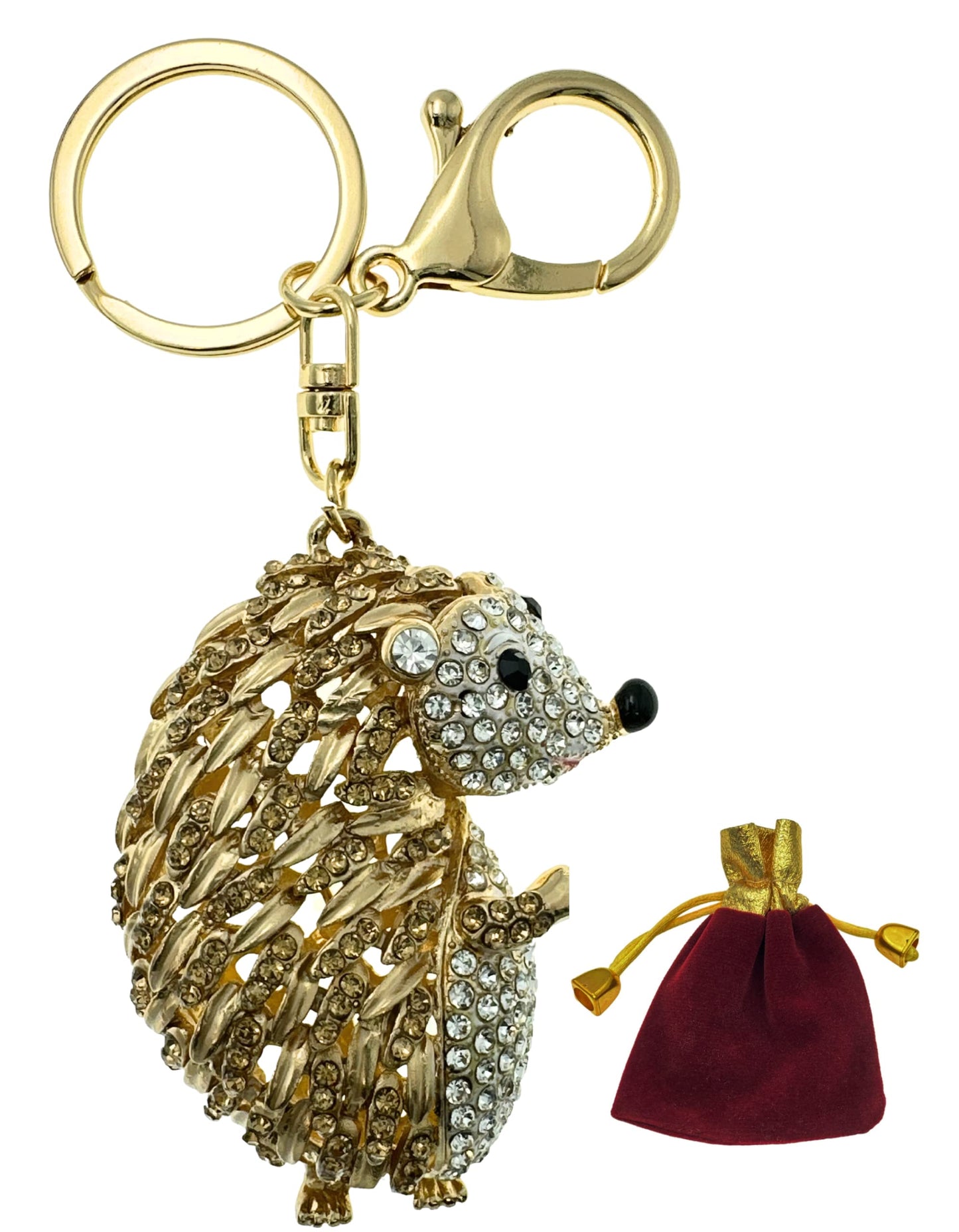 Evenchae Hedgehog Rhinestone Keychain with Drawstring Gift Bag, Filigreed Gold Back - 5 In Long Purse Jewelry