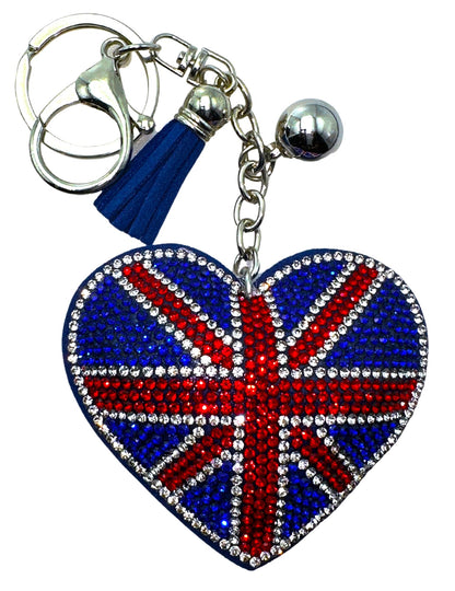 Evenchae British Union Jack Flag Keychain - Rhinestone Heart - Plush Back - Drawstring Gift Bag - 6.25 in Long