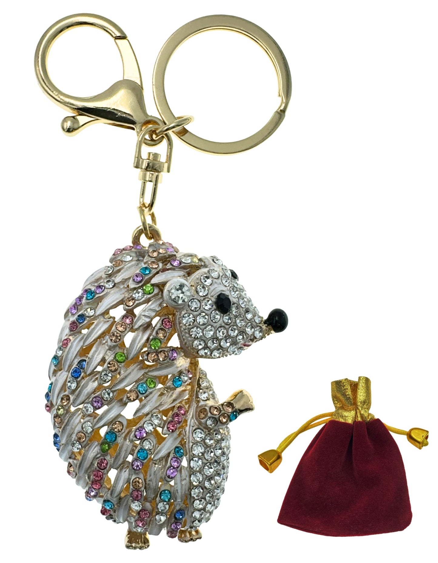 Evenchae Hedgehog Rhinestone Keychain with Drawstring Gift Bag, Filigreed Gold Back - 5 In Long Purse Jewelry