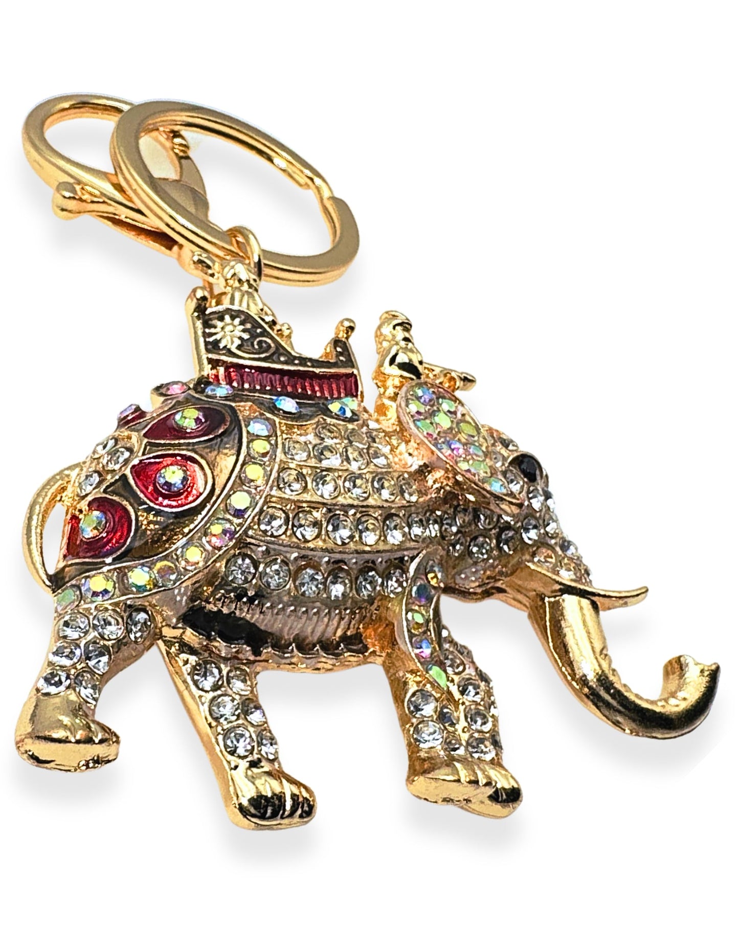 Evenchae Elephant Keychain - Inlaid with Rhinestones - Gold Filigree Back - Drawstring Gift Bag - 4.25 in Long