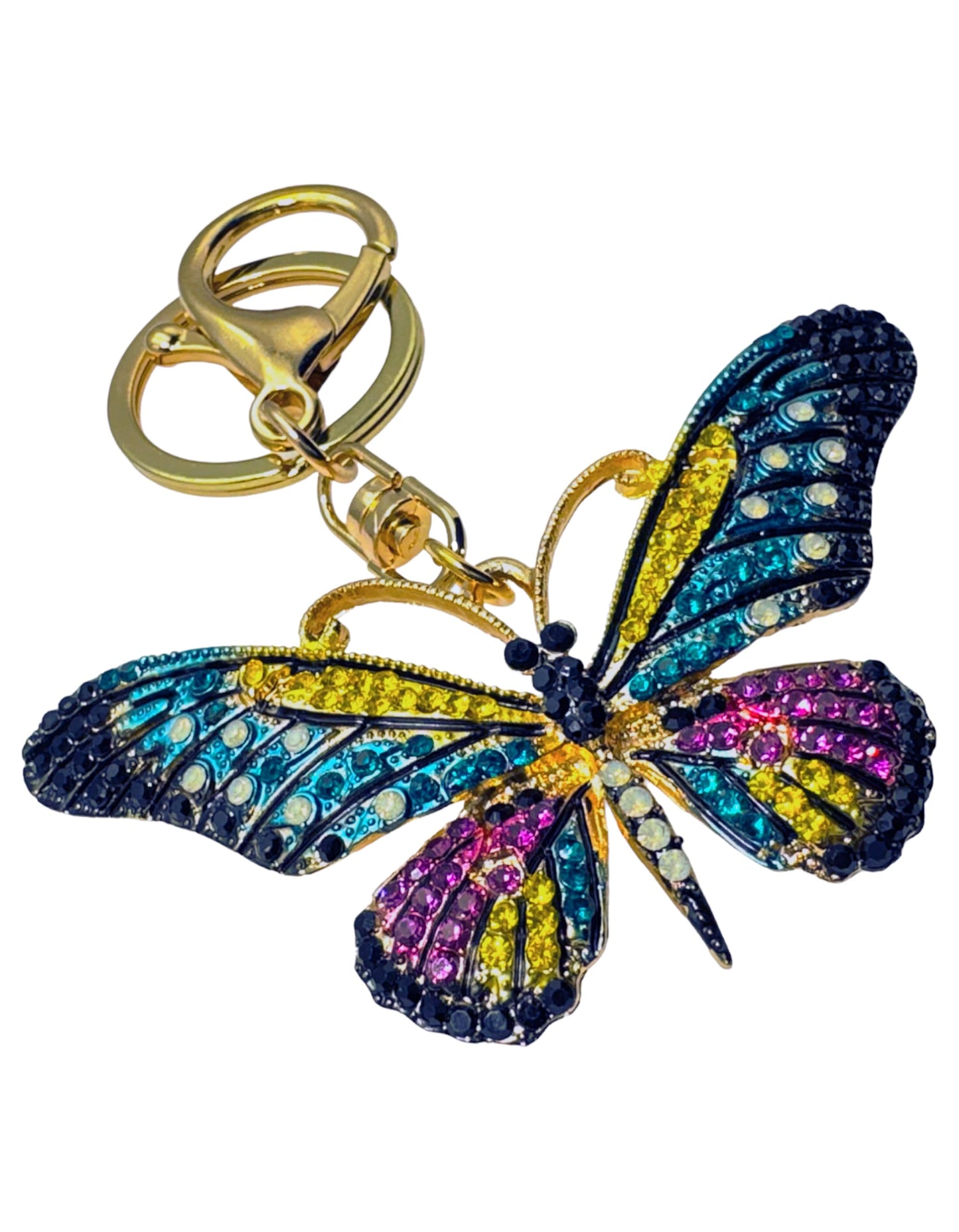 Evenchae Neon Butterfly Keychain - Inlaid with Rhinestones, Drawstring Gift Bag, Gold Solid Back - 3.5 in Long