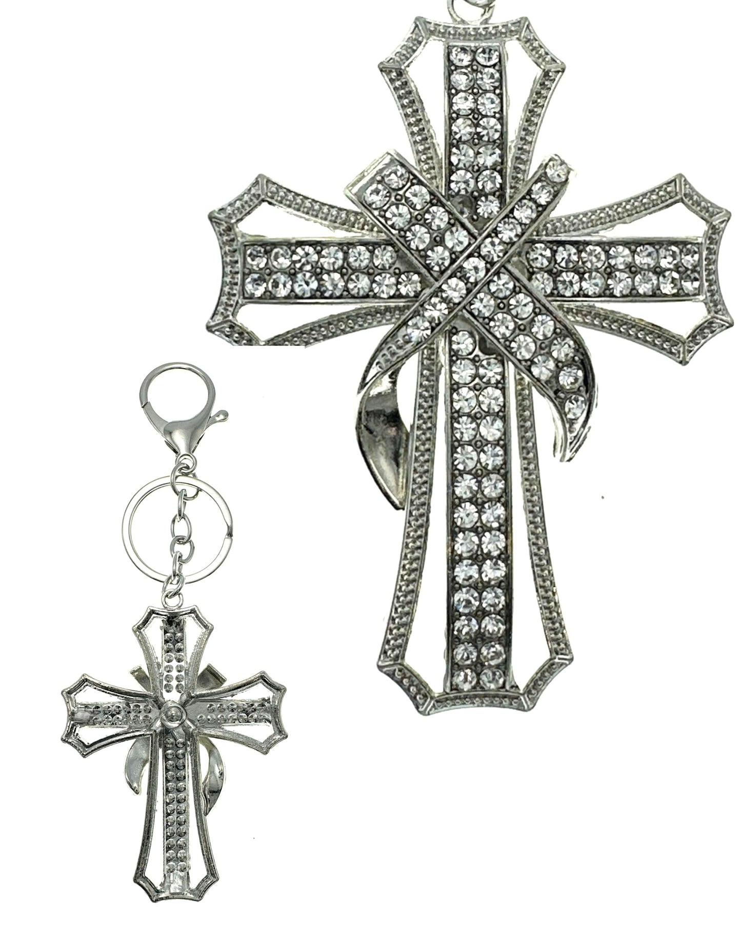 Evenchae Ornate Cross Keychain - Inlaid with Clear Rhinestones, Drawstring Gift Bag - 5.5 In Long