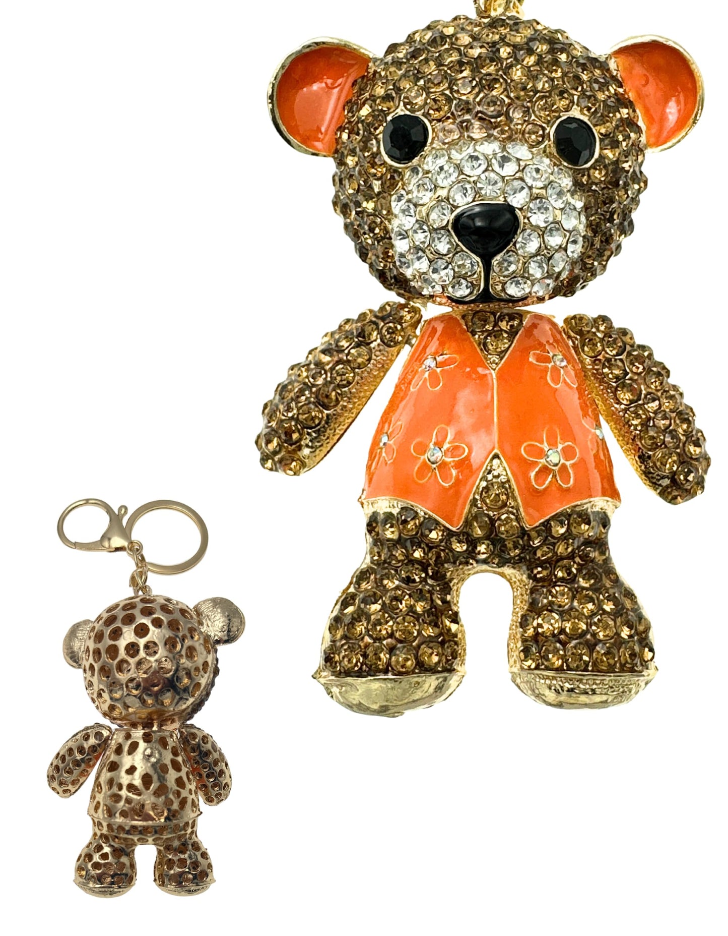 Evenchae Teddy Bear Keychain - Rhinestones - Head, Body & Arms Moves, Gold Filigree Back, Gift Bag, 6 In Long